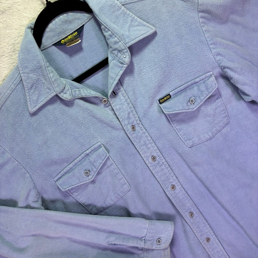 Vintage OshKosh Mens Shirt L Long Blue Fleece Button Down Workwear Made in USA